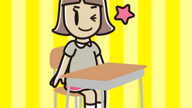 教室の席でウインクする小学生女子のイラスト【色、背景あり】PNG