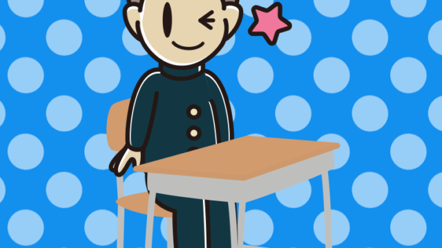 教室の席でウインクする男子中学生のイラスト【色、背景あり】PNG