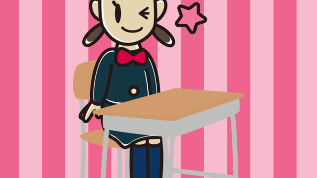教室の席でウインクする女子中学生のイラスト【色、背景あり】PNG