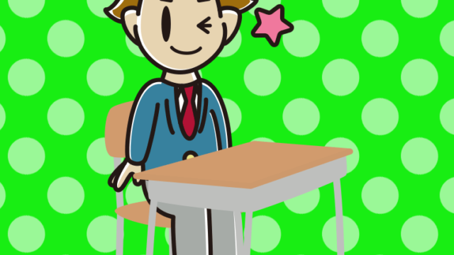 教室の席でウインクする男子高校生のイラスト【色、背景あり】PNG