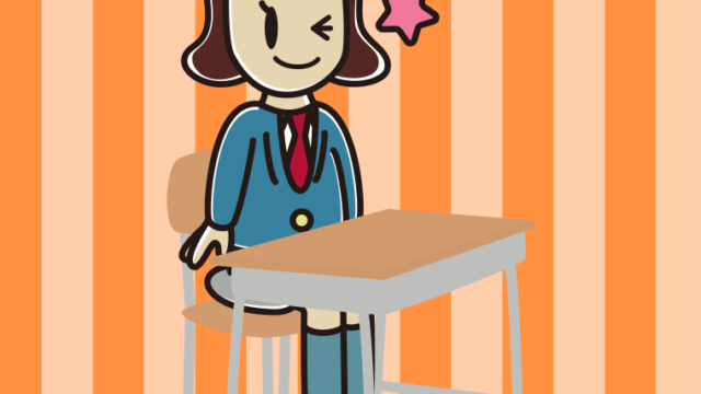 教室の席でウインクする女子高校生のイラスト【色、背景あり】PNG