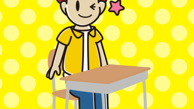 教室の席でウインクする男子大学生のイラスト【色、背景あり】PNG