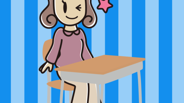 教室の席でウインクする女子大学生のイラスト【色、背景あり】PNG