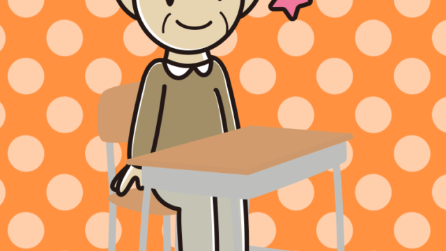 教室の席でウインクするおじいさんのイラスト【色、背景あり】PNG