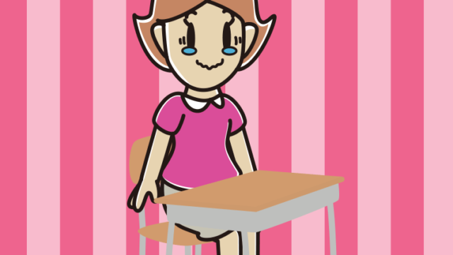 教室の席でジーンとする女性のイラスト【色、背景あり】PNG