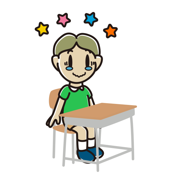 教室の席でジーンとする小学生男子のイラスト【色あり、背景なし】透過PNG