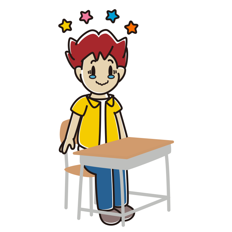 教室の席でジーンとする男子大学生のイラスト【色あり、背景なし】透過PNG