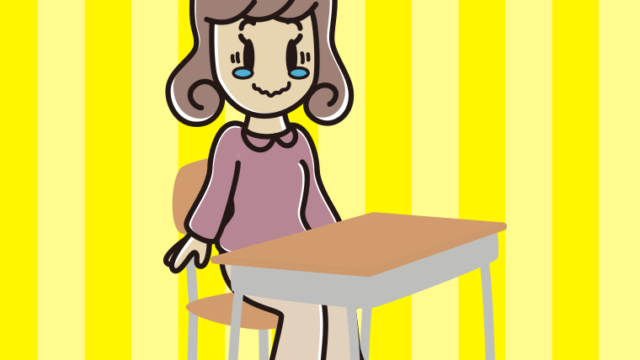 教室の席でジーンとする女子大学生のイラスト【色、背景あり】PNG