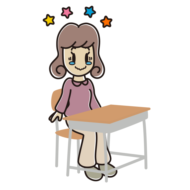 教室の席でジーンとする女子大学生のイラスト【色あり、背景なし】透過PNG