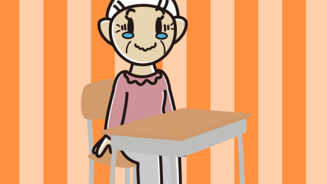 教室の席でジーンとするおばあさんのイラスト【色、背景あり】PNG