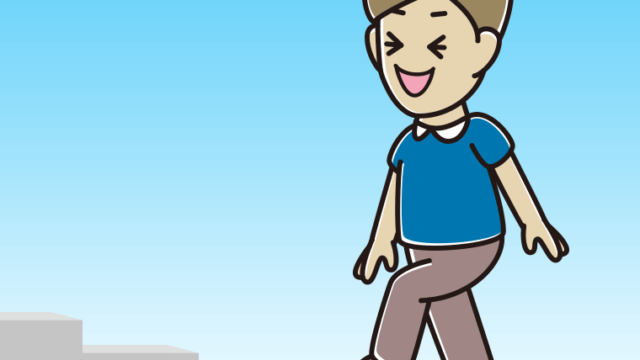 笑いながら階段を上る男性のイラスト【色、背景あり】PNG