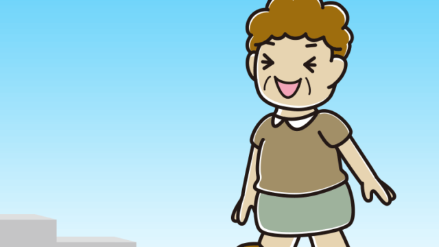 笑いながら階段を上るおばさんのイラスト【色、背景あり】PNG