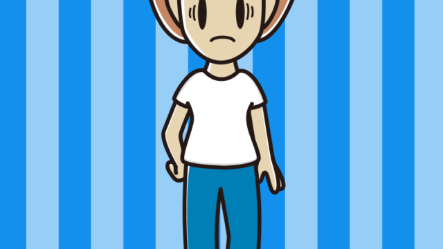 ジーンズに白いTシャツで困る女性のイラスト【色、背景あり】PNG