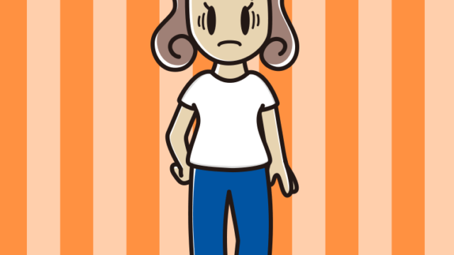 ジーンズに白いTシャツで困る女子大学生のイラスト【色、背景あり】PNG