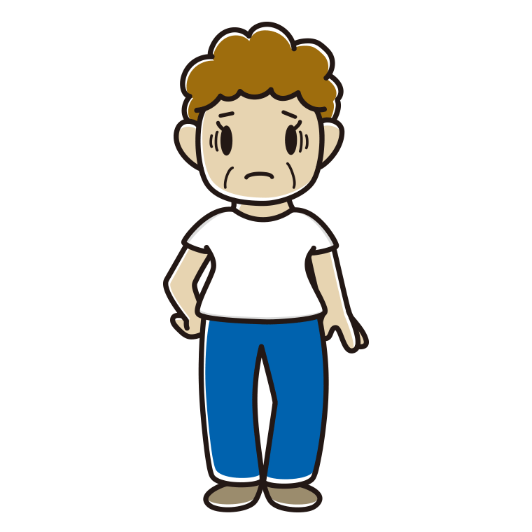 ジーンズに白いTシャツで困るおばさんのイラスト【色あり、背景なし】透過PNG