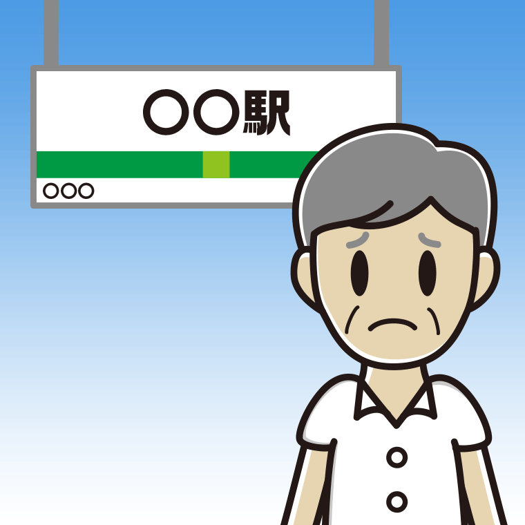 駅のホームで困る年配男性会社員（クールビズ）のイラスト【色、背景あり】PNG