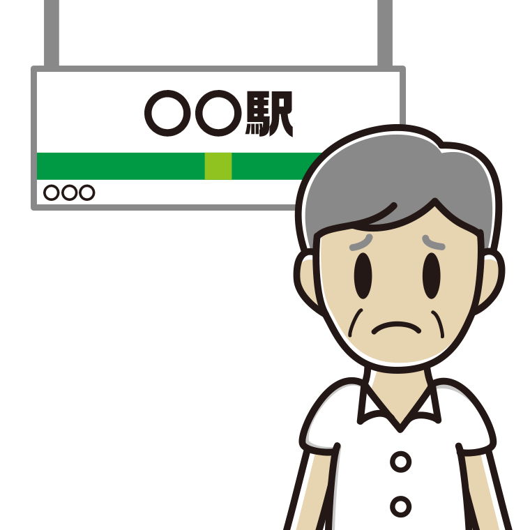 駅のホームで困る年配男性会社員（クールビズ）のイラスト【色あり、背景なし】透過PNG