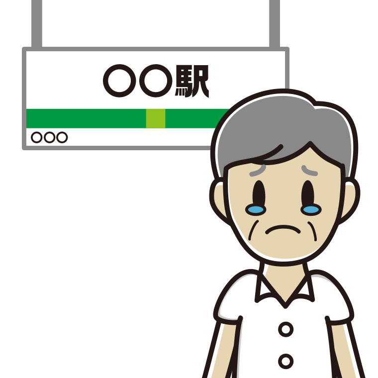 駅のホームで泣く年配男性会社員（クールビズ）のイラスト【色あり、背景なし】透過PNG