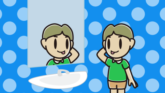 鏡を見てテヘヘな小学生男子のイラスト【色、背景あり】PNG