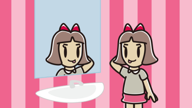 鏡を見てテヘヘな小学生女子のイラスト【色、背景あり】PNG