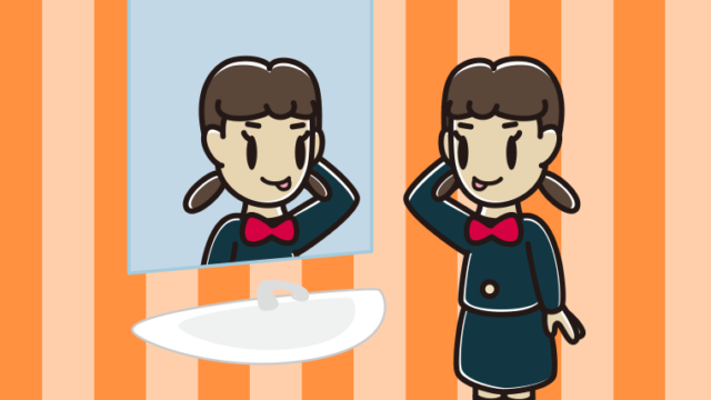 鏡を見てテヘヘな女子中学生のイラスト【色、背景あり】PNG