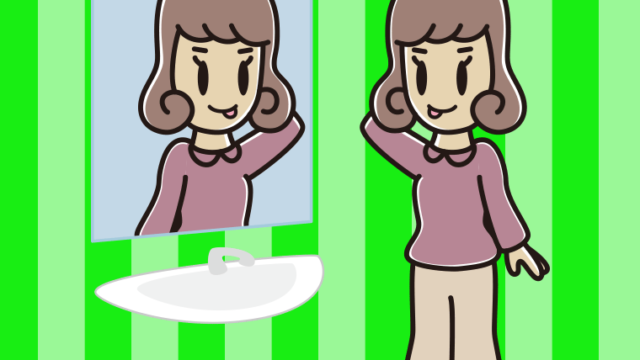 鏡を見てテヘヘな女子大学生のイラスト【色、背景あり】PNG