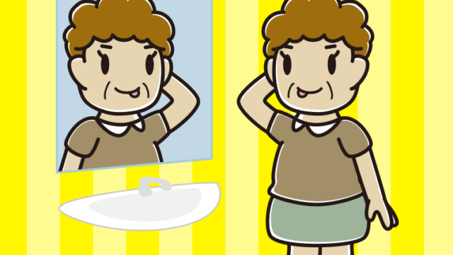 鏡を見てテヘヘなおばさんのイラスト【色、背景あり】PNG