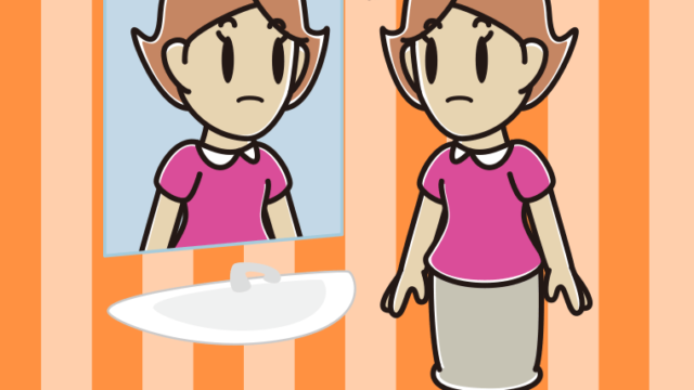 鏡を見て気付く女性のイラスト【色、背景あり】PNG