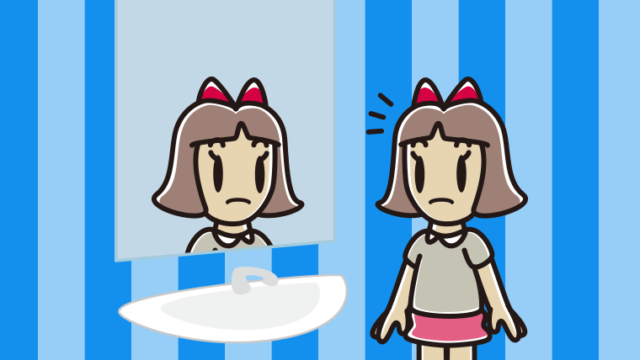 鏡を見て気付く小学生女子のイラスト【色、背景あり】PNG