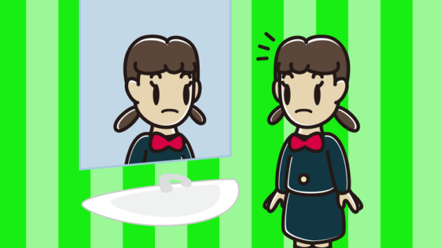 鏡を見て気付く女子中学生のイラスト【色、背景あり】PNG