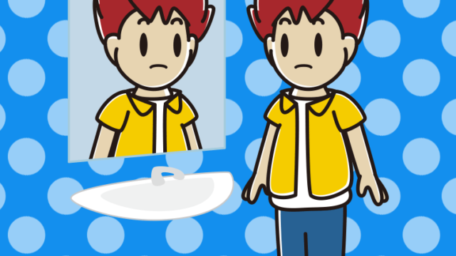 鏡を見て気付く男子大学生のイラスト【色、背景あり】PNG