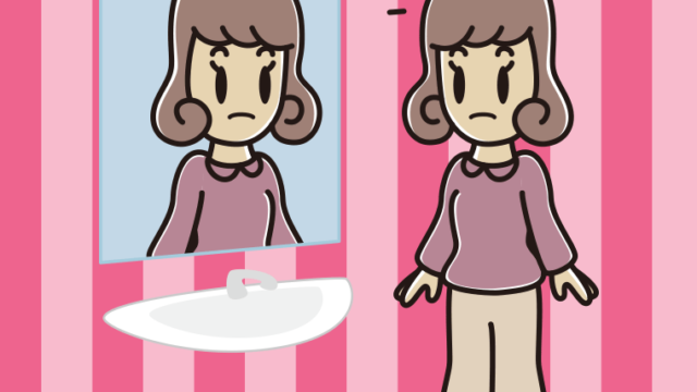 鏡を見て気付く女子大学生のイラスト【色、背景あり】PNG