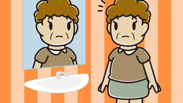 鏡を見て気付くおばさんのイラスト【色、背景あり】PNG