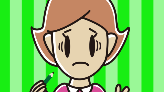 鉛筆を持って困る女性のイラスト【色、背景あり】PNG