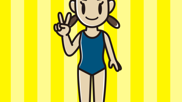 ピースをするスクール水着の女子中学生のイラスト【色、背景あり】PNG