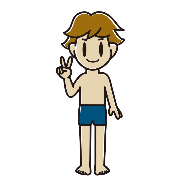 ピースをするスクール水着の男子高校生のイラスト【色あり、背景なし】透過PNG