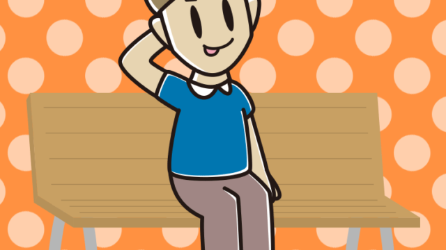 ベンチでテヘヘな男性のイラスト【色、背景あり】PNG