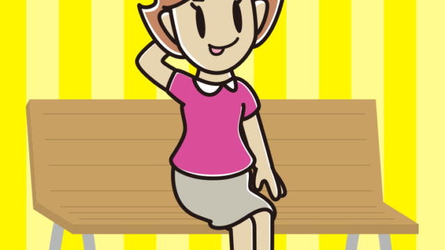 ベンチでテヘヘな女性のイラスト【色、背景あり】PNG