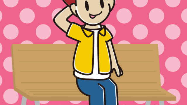 ベンチでテヘヘな男子大学生のイラスト【色、背景あり】PNG