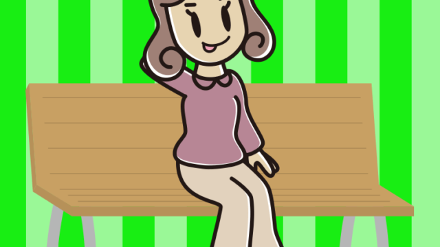 ベンチでテヘヘな女子大学生のイラスト【色、背景あり】PNG