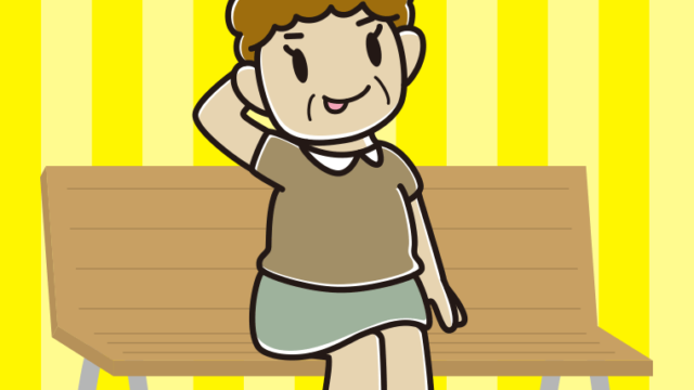 ベンチでテヘヘなおばさんのイラスト【色、背景あり】PNG