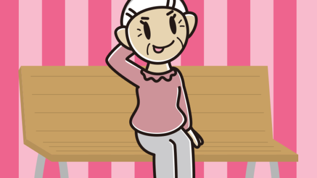 ベンチでテヘヘなおばあさんのイラスト【色、背景あり】PNG