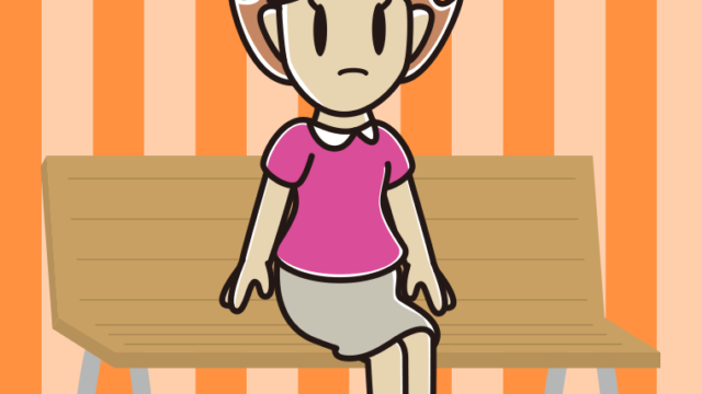 ベンチで何かに気付く女性のイラスト【色、背景あり】PNG