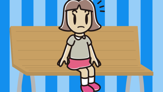 ベンチで何かに気付く小学生女子のイラスト【色、背景あり】PNG