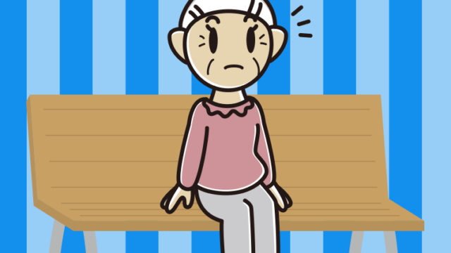 ベンチで何かに気付くおばあさんのイラスト【色、背景あり】PNG