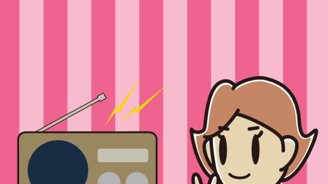 ラジオにピースをする女性のイラスト【色、背景あり】PNG