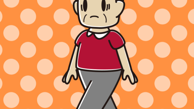 困って歩くおじさんのイラスト【色、背景あり】PNG