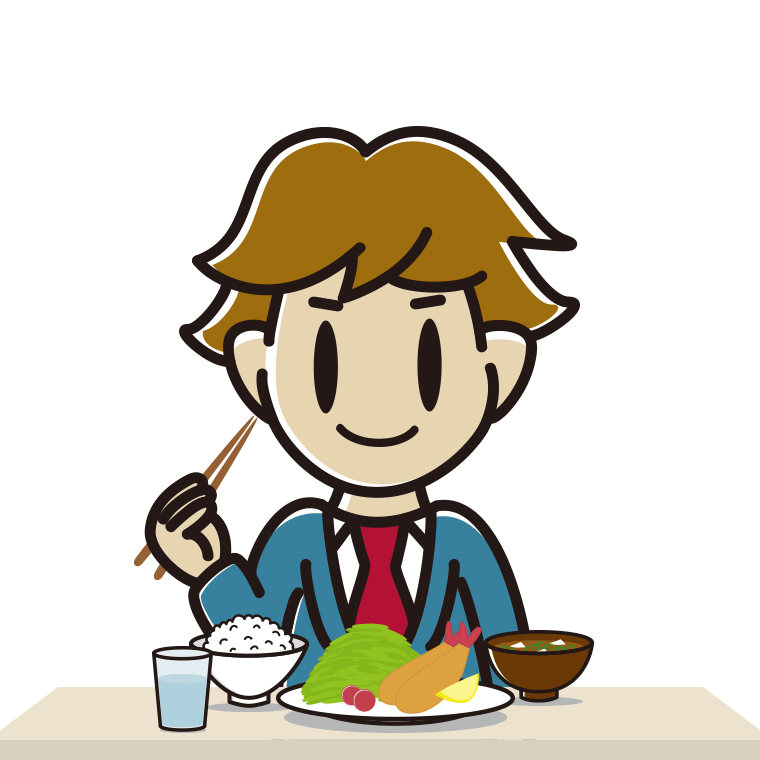 食事をする男子高校生のイラスト【色あり、背景なし】透過PNG