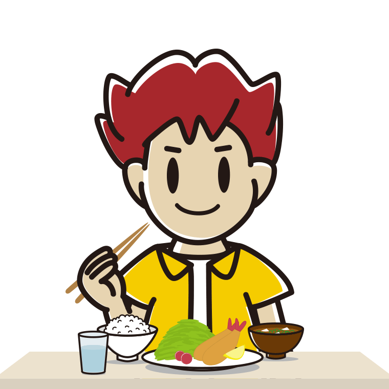 食事をする男子大学生のイラスト【色あり、背景なし】透過PNG