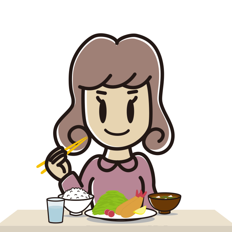 食事をする女子大学生のイラスト【色あり、背景なし】透過PNG